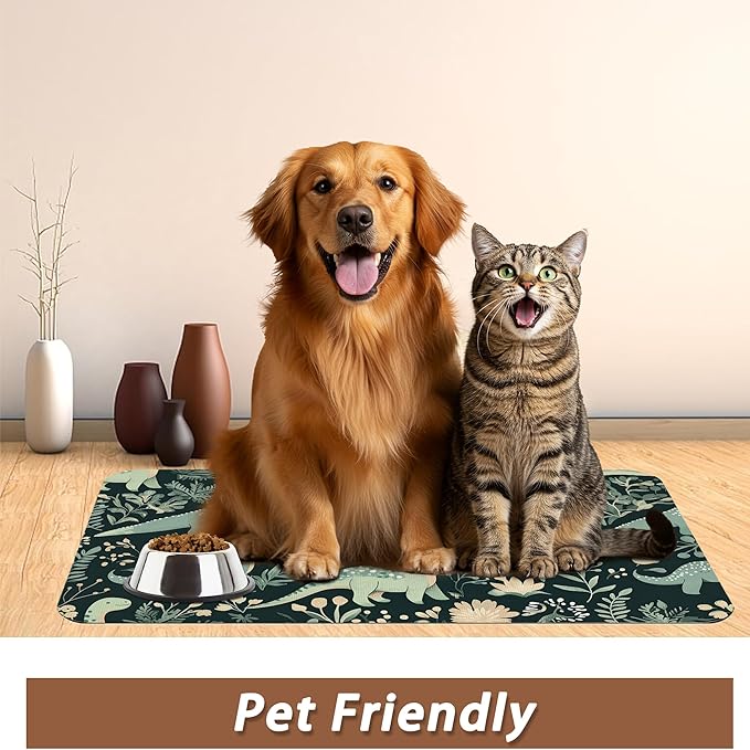 Cute Dinosaur Dog Cat Food Mat, Forest Absorbent Pet Feeding Mat - Image 6