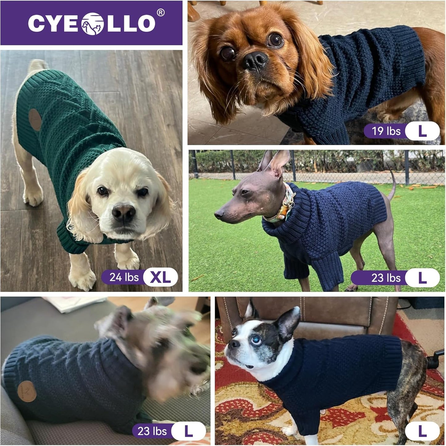 cyeollo Dog Sweater Pullover Turtleneck for Dogs, Classic Knitwear Fall Winter Cold Weather Dog Clothes Warm Pet Apparel Small Dogs Sweaters, Purple L