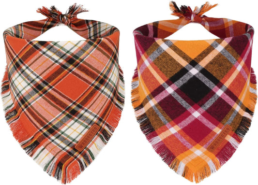 ADOGGYGO Fall Dog Bandana with Tassels Edges, Stylish Orange Plaid Pet Scarf, Multiple Size, Thanksgiving Halloween Fall Bandanas for Small Dogs (Small)