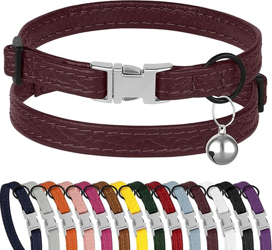 Leather Cat Collar with Buckle and Removable Bell by BUDKAS