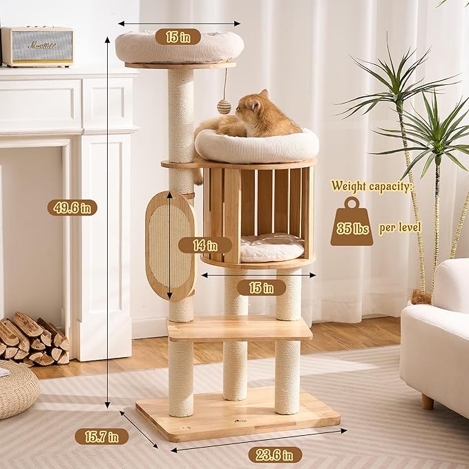 Modern Solid Wood Cat Tree for Indoor Cats Large Adult, 50in Tall Cat Tower - Image 6