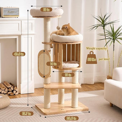 Modern Solid Wood Cat Tree for Indoor Cats Large Adult, 50in Tall Cat Tower - Image 6