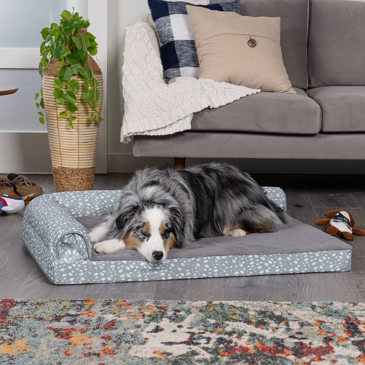 Furhaven Cooling Gel Dog Bed for Large/Medium Dogs w/ Removable Bolsters & Washable Cover, For Dogs Up to 55 lbs - Plush & Almond Print L Shaped Chaise - Gray Almonds, Large