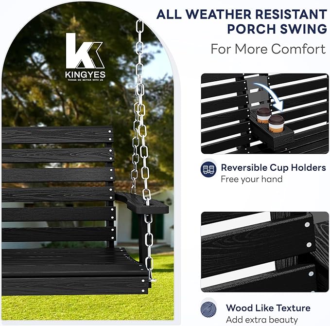 KINGYES Outdoor Hanging Porch Swing Set of 2, 2 Seat Patio Swing Recliner - Image 2