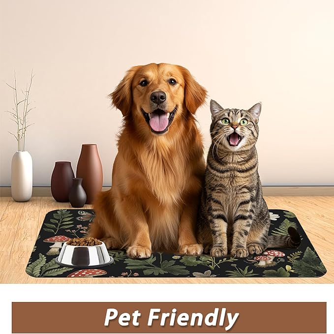 Red Mushroom Pet Feeding Mat, Fern Herb Butterfly Absorbent Quick-Dry Cat Dog - Image 6