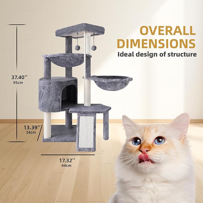 3-Tier Cat Tree with 2 Hammocks & Condo, Rope Ladder, Replaceable Hanging Balls - Image 3