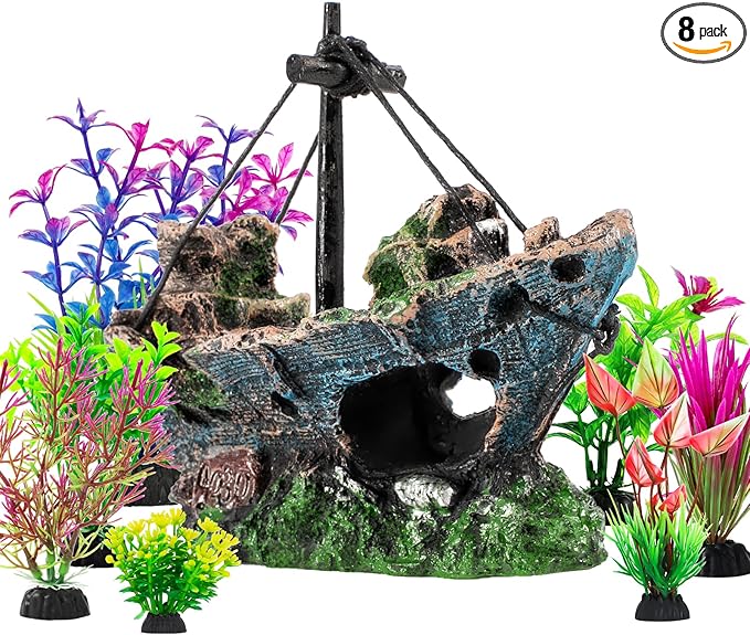 8Pcs Fish Tank Decorations Set Sunken Ship Decoration, Resin Material Fish Tank by Xereooe