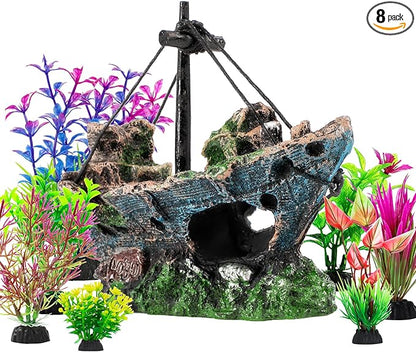 8Pcs Fish Tank Decorations Set Sunken Ship Decoration, Resin Material Fish Tank by Xereooe