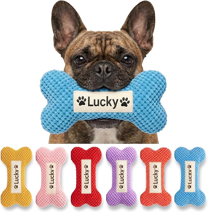 Personalized Dog Bone-Shaped Squeaky Toy – Custom Embroidered Name, Durable by Customizedbee