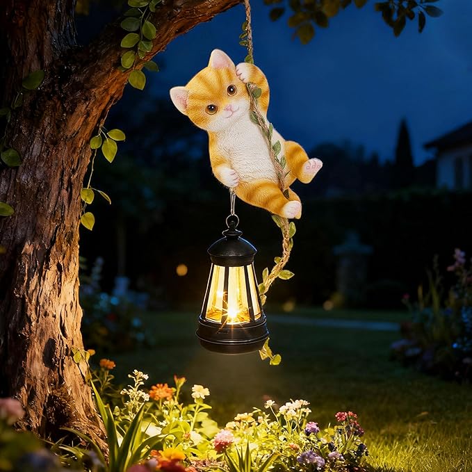 Solar Hanging Cat Statue, Outdoor Resin Orange Cat Figurine - Image 7