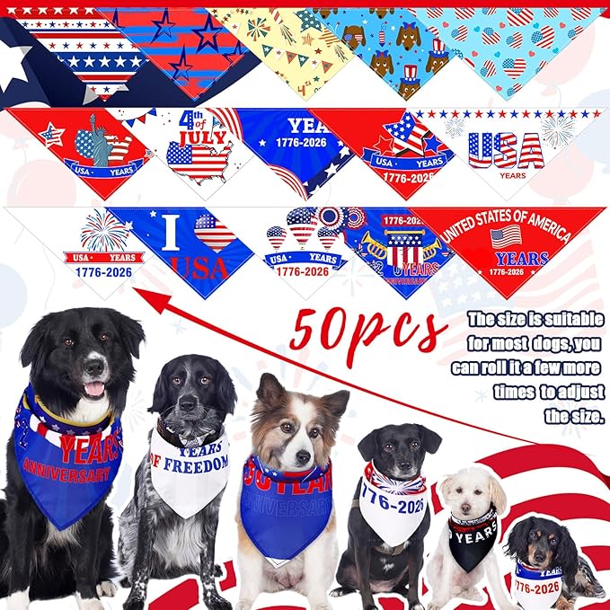 Huhumy 50 Pcs 4th of July Dog Bandanas 250th Anniversary Pet Bandanas Bulk - Image 2