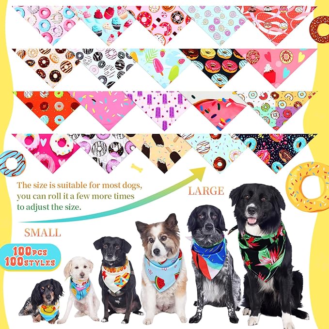 Huhumy 100 Pcs Donut Dog Bandanas Bulk Pet Bibs Colorful Triangle Scarf XL - Image 3