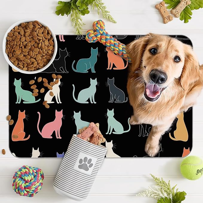 Cute Cat Dog Food Mat, Colorful Silhouette Absorbent Pet Feeding Mat - Image 7