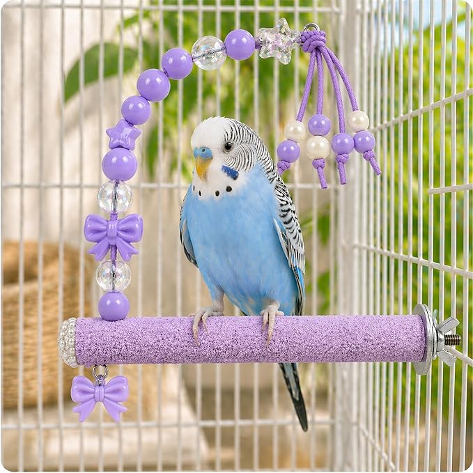Bird Parrot Perch with Beads and Bow Chew Toy, Cage Platform Toy and Exercise - Image 4