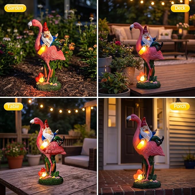 C&Y&G&X Middle Finger Gnome Riding Flamingo 13in, Funny Garden Statue Solar - Image 5