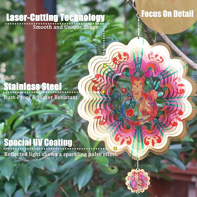 Cat Wind Spinners for Yard and Garden, 12 Inch 3D Stainless Steel Hanging - Image 4