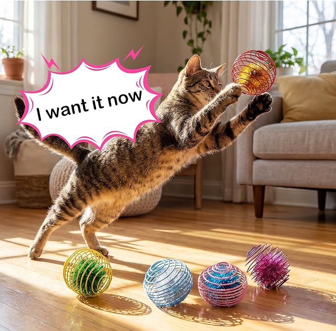 Jecery 5 Pcs Cat Spring Toys Stretchable Rolling Balls Colorful Playful Coils - Image 6
