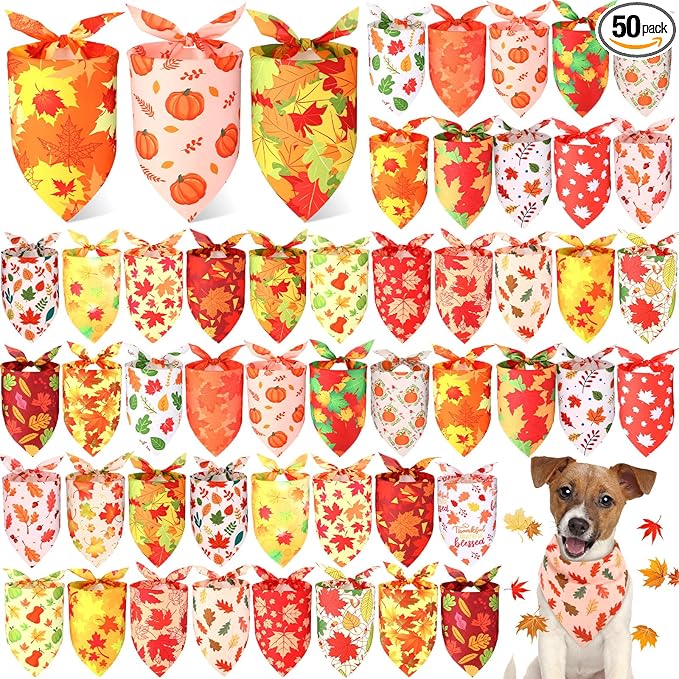 Preboun 50 Pcs Fall Thanksgiving Dog Bandana Bulk Pumpkin Maple Leaves Bandana by Preboun