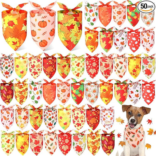Preboun 50 Pcs Fall Thanksgiving Dog Bandana Bulk Pumpkin Maple Leaves Bandana by Preboun