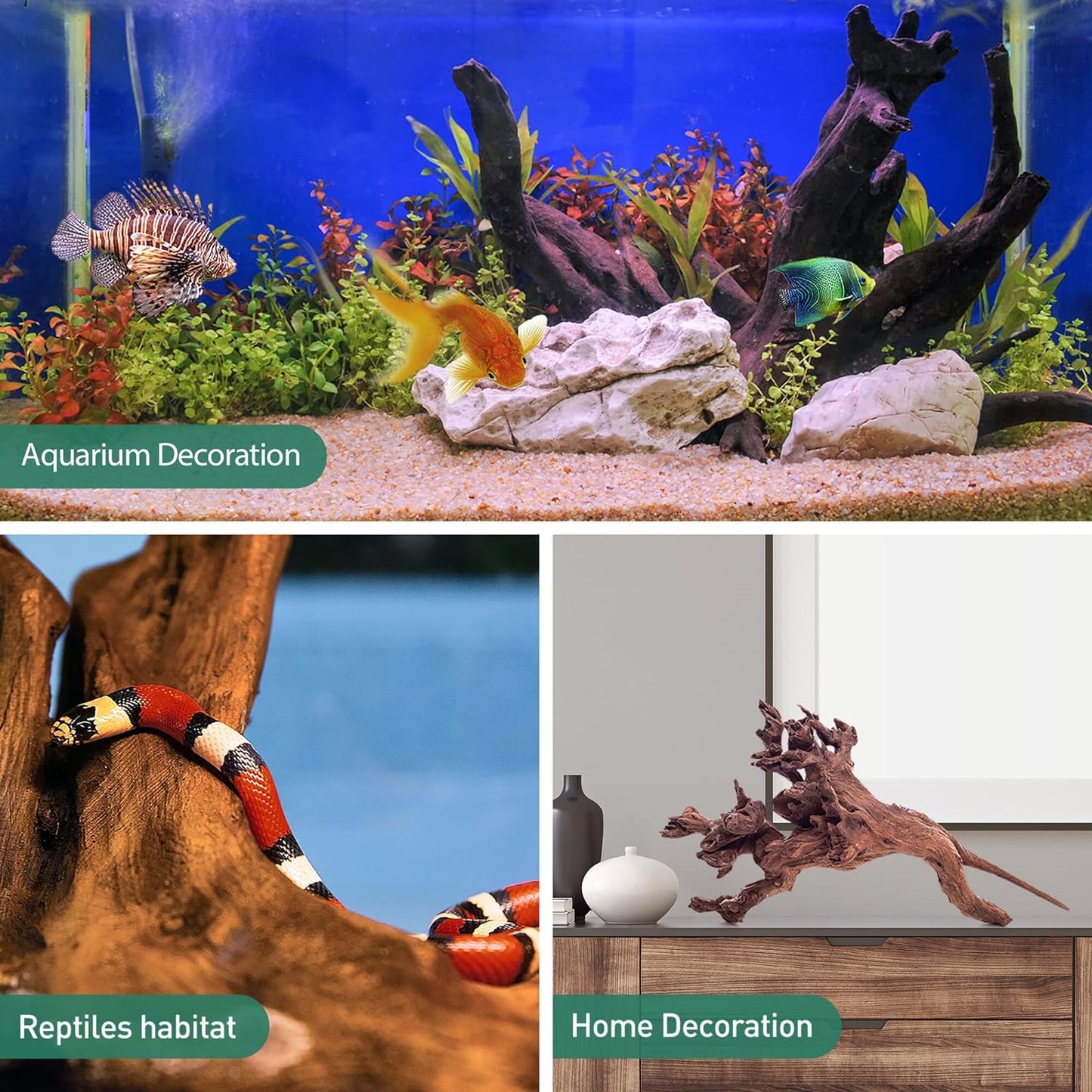 WDEFUN Natural Driftwood for Aquarium Decor, 3-Piece 7''-11'' Large Driftwood for Decorations on Fish Tank, Reptiles Bearded Dragon Accessories or Air Plants