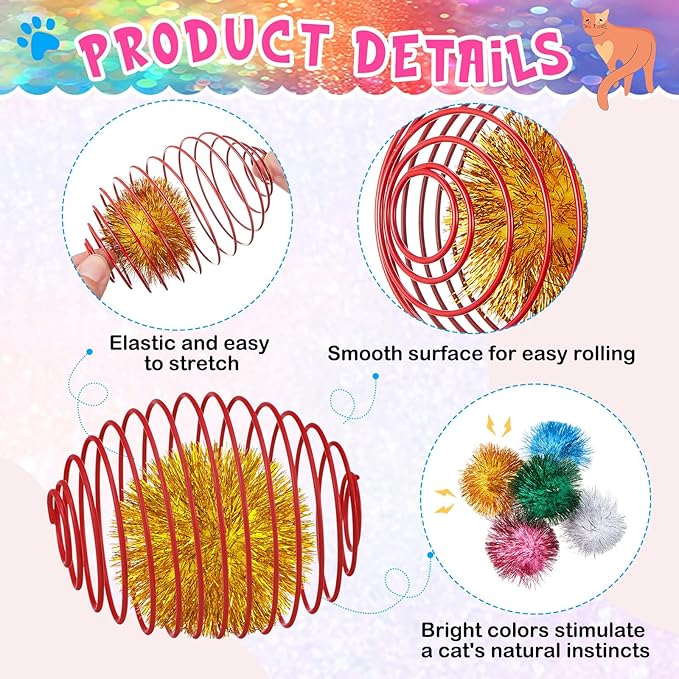 Jecery 5 Pcs Cat Spring Toys Stretchable Rolling Balls Colorful Playful Coils - Image 3