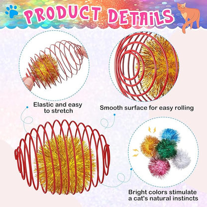 Jecery 5 Pcs Cat Spring Toys Stretchable Rolling Balls Colorful Playful Coils - Image 3