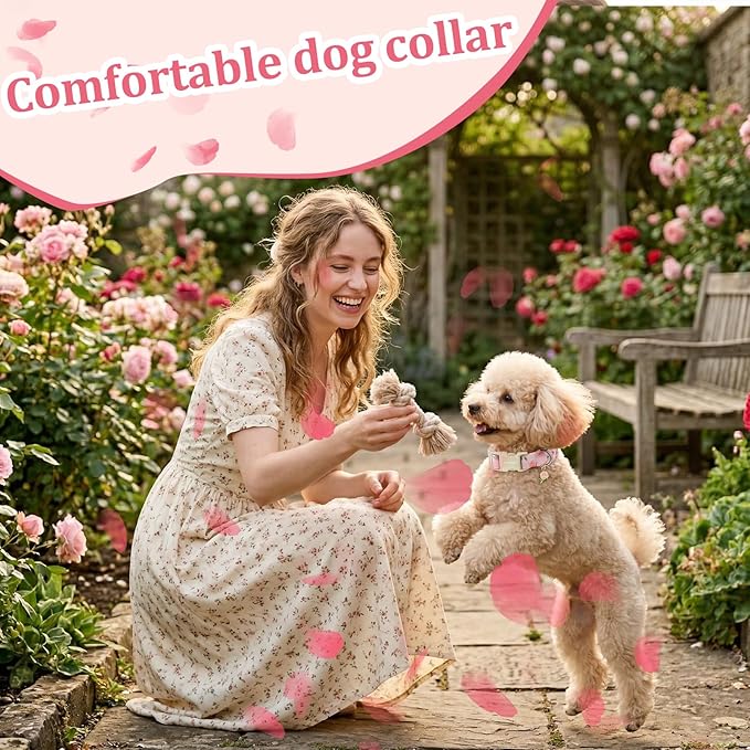 Spring Summer Dog Collar with Pink Rose, Adjustable Cotton Puppy Collars - Image 6