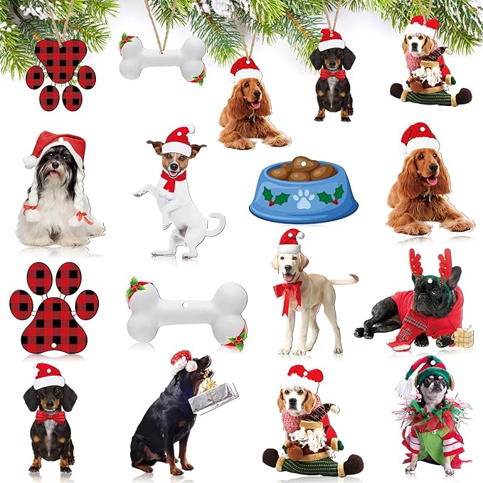 Kathfly 36 Pcs Dog Ornaments for Christmas Tree Wooden Dog Christmas Ornaments by Kathfly