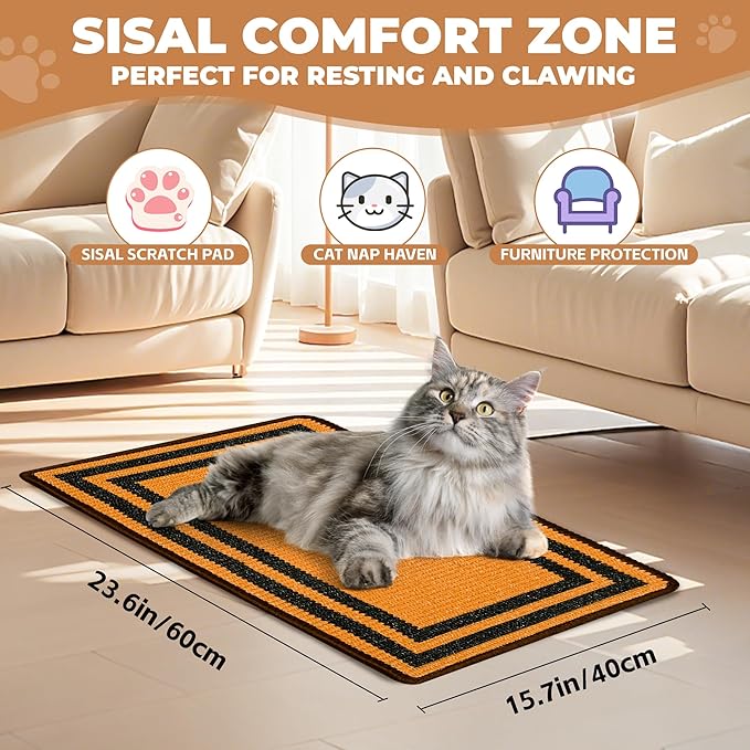Cat Scratcher Mat, Natural Sisal Cat Scratch Pad, 23.6x15.7 Inch Horizontal Cat - Image 2