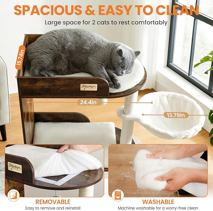 Modern Wood Cat Tree Tower for Indoor Large Cats, Cat Scratching Posts - Image 2