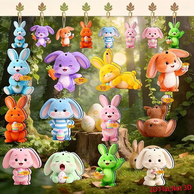 12 Pcs Easter Bunny Hanging Ornaments Cute 2D Wooden Easter Tree Ornaments by BHOOKA