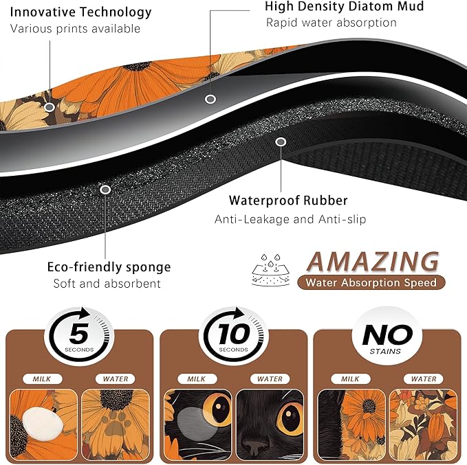 Black Cat Dog Food Mat for Floors, Fall Flower Daisy Absorbent Pet Food and - Image 3
