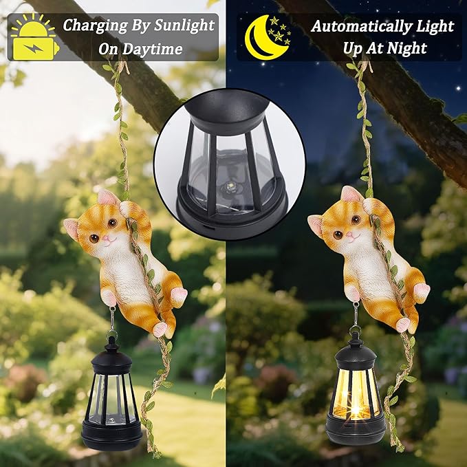 Solar Hanging Cat Statue, Outdoor Resin Orange Cat Figurine - Image 3