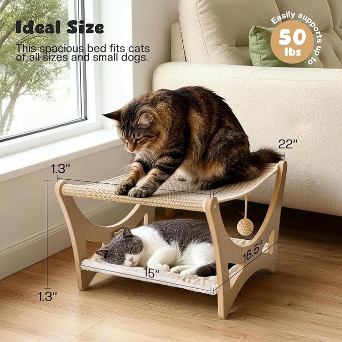 Double-Layer Cat Hammock Bed, Wooden Elevated Cat Beds - Image 2