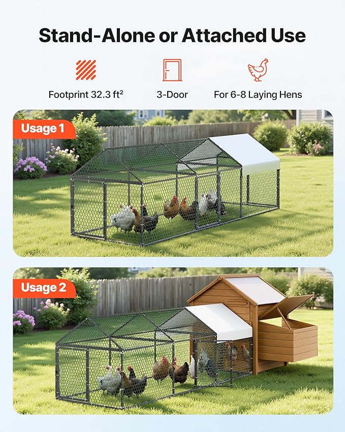 VEVOR Metal Chicken Coop for 6-8 Chickens, 3.3 x 9.8 x 3.3 ft, Small Chicken - Image 2