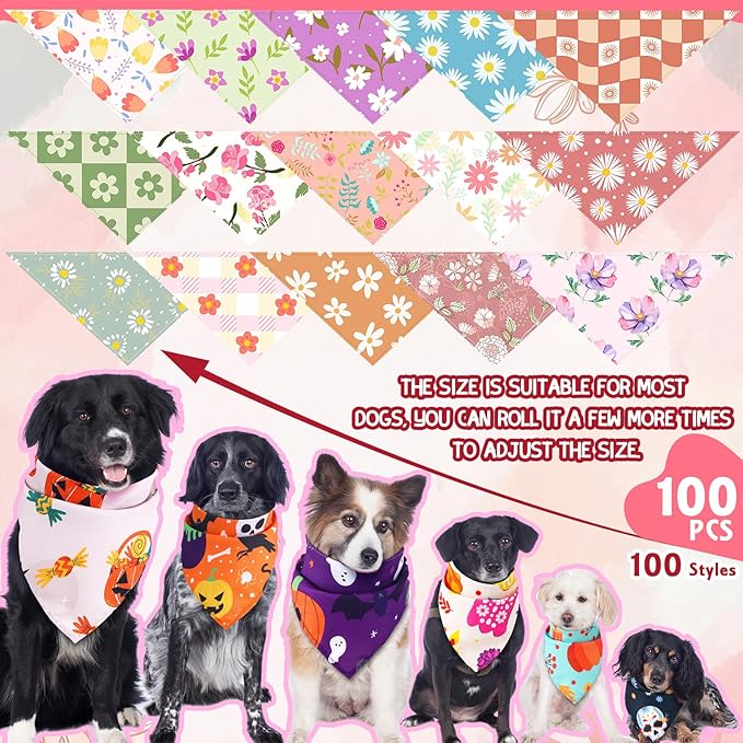 Huhumy 100 Pcs Spring Floral Dog Bandanas Bulk Pet Bibs Colorful Triangle Scarf - Image 3