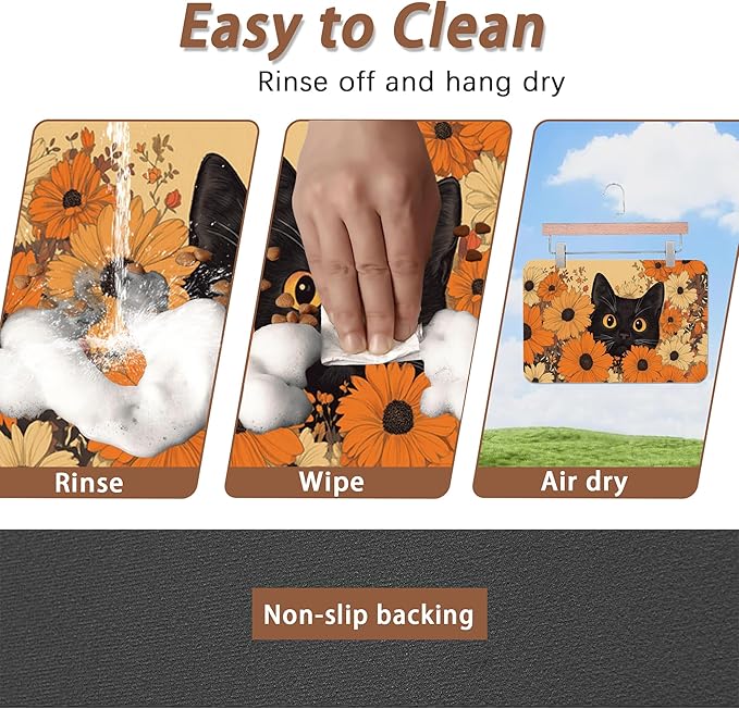 Black Cat Dog Food Mat for Floors, Fall Flower Daisy Absorbent Pet Food and - Image 4