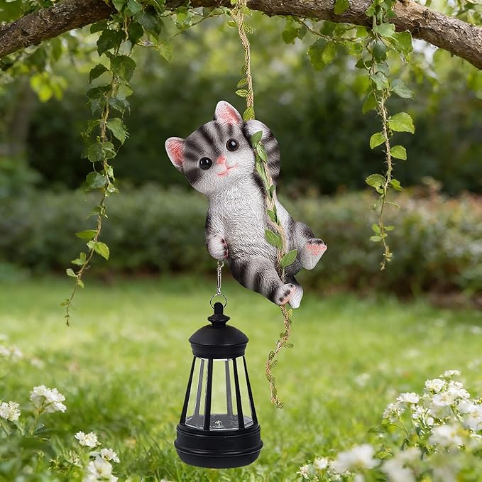 Solar Hanging Cat Statue, Outdoor Resin Black Cat Figurine - Image 8