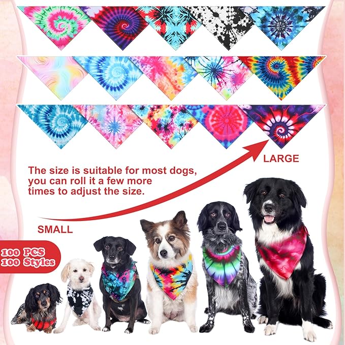 Huhumy 50 Pcs Tie Dye Dog Bandanas Bulk Tie Dye XL Pet Bibs Colorful Triangle - Image 3
