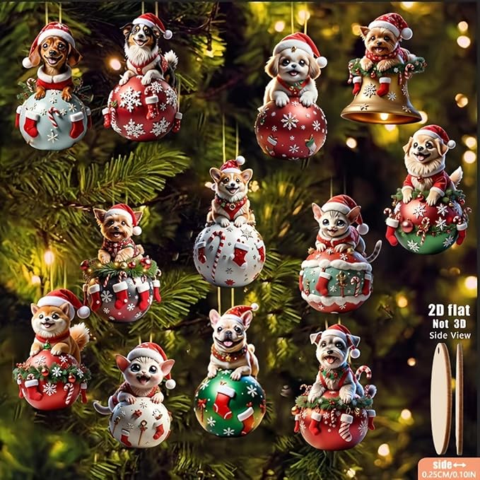 12 Pcs Cute Christmas Ornaments Animal Kitten Puppy Designs Xmas Tree Decoration - Image 6