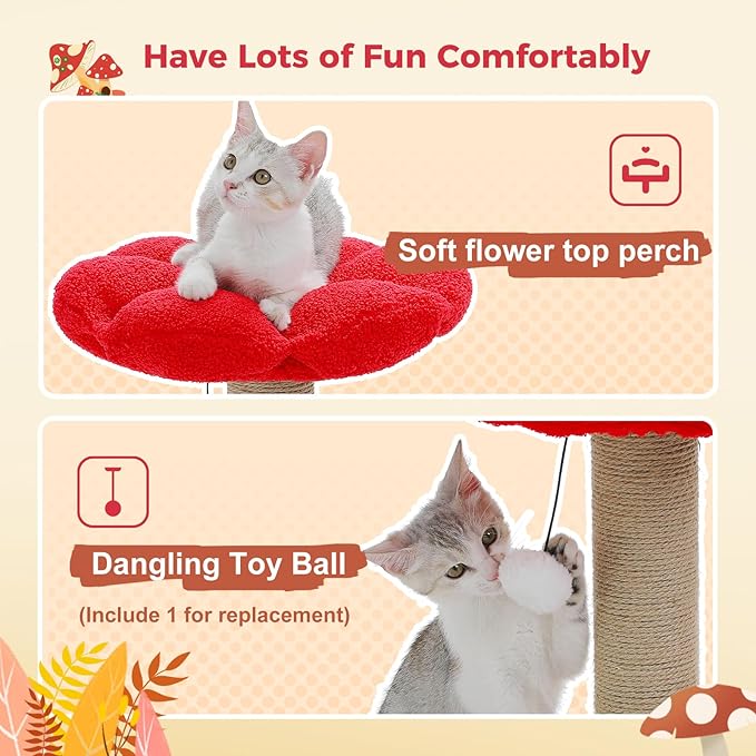 PETEPELA Cat Scratching Post, Mushroom Cat Scratcher Cute Cat Tree Tower - Image 3