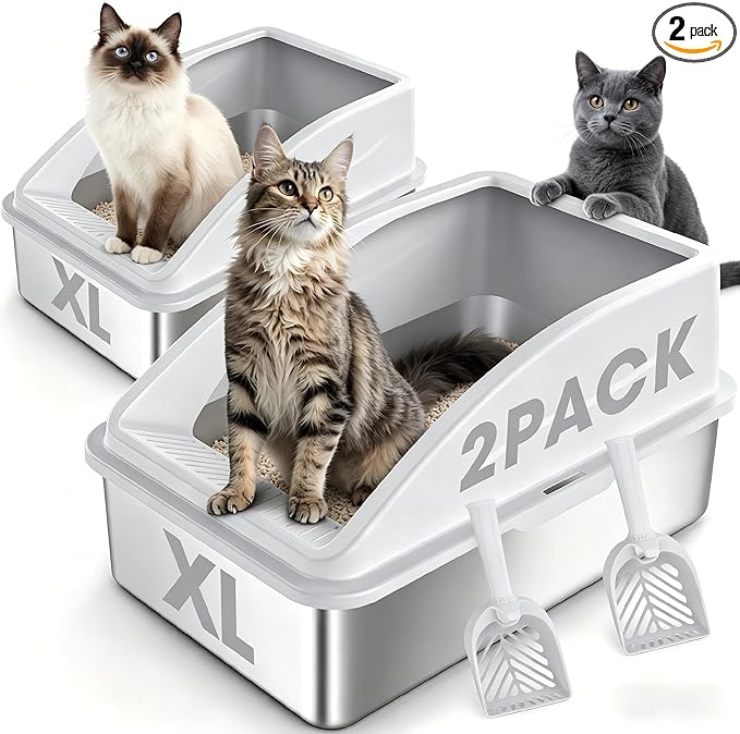 2 Pack Stainless Steel Litter Box | XL Enclosed Cat Litter Boxes by AIPERRO