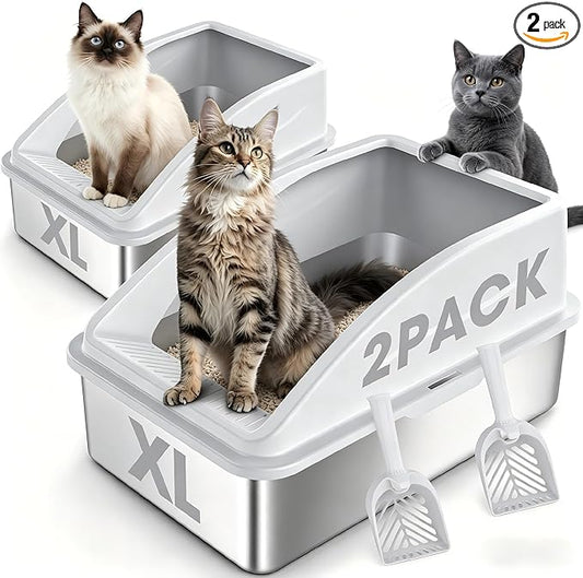 2 Pack Stainless Steel Litter Box | XL Enclosed Cat Litter Boxes by AIPERRO