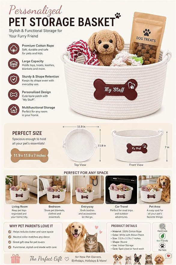 JUPPE Pet Dog Basket with Personalized Name, Dog Toys Storage Organizer Custom - Image 2