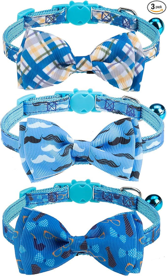 Breakaway Cat Collar with Removable Bow Tie and Bell, 3 Pack Safety Buckle by VKPETFR