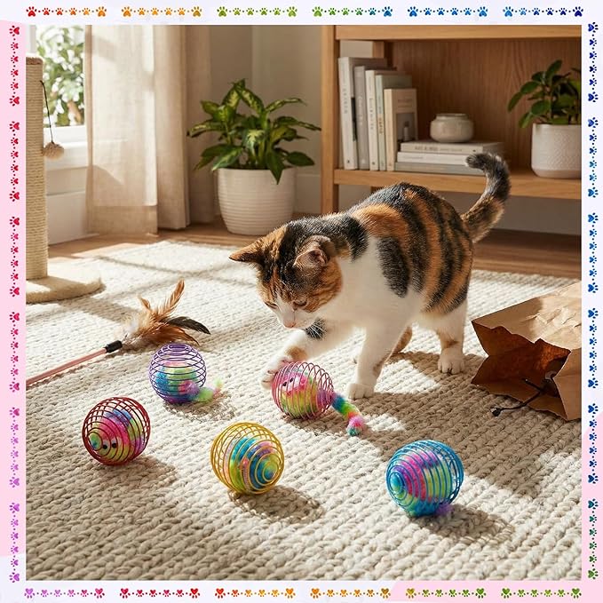 Jecery 5 Pcs Cat Spring Balls Toys Stretchable Rolling Balls Colorful Playful - Image 6