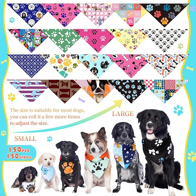 Huhumy 150 Pcs Paw Dog Bandanas Bulk Pet Bibs Colorful Triangle Scarf Pet Paw - Image 3