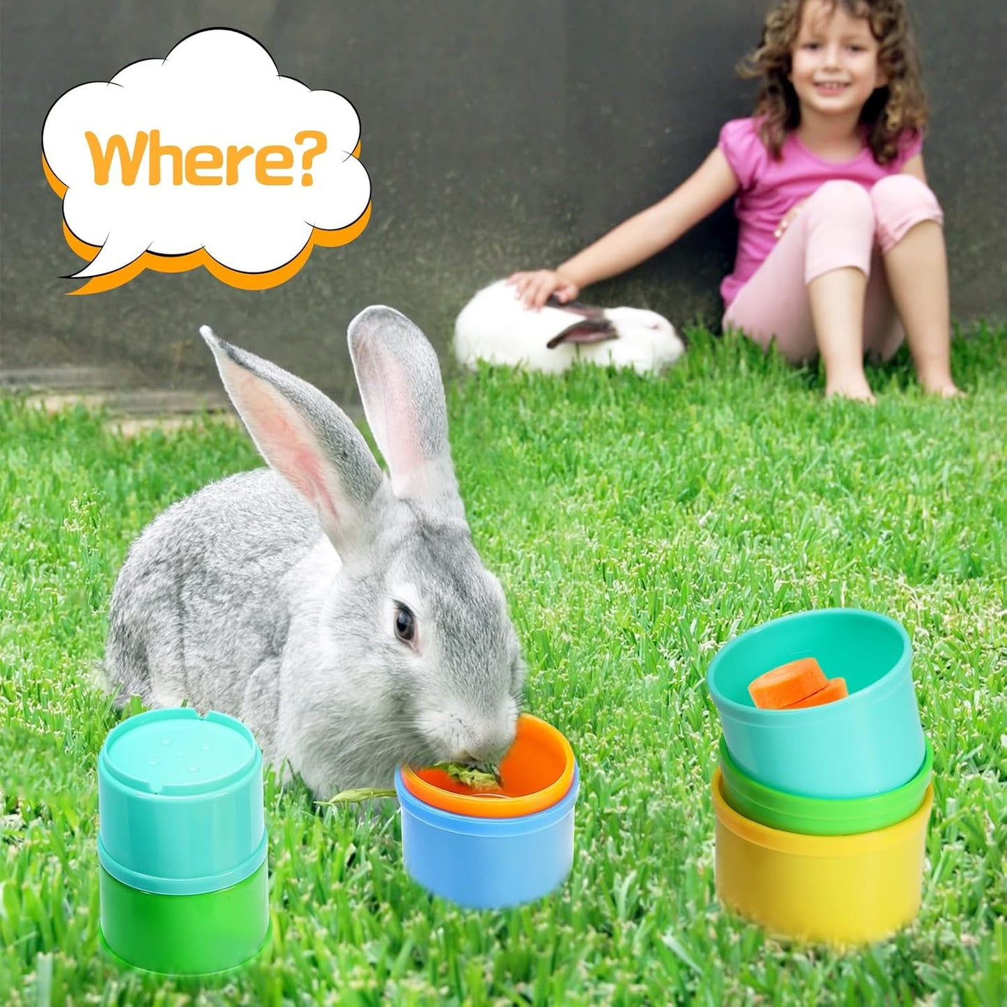 MEWTOGO 8 Pcs Stacking Cups for Rabbits - Safe Reusable Bunny Toys in Different Sizes, Durable Rainbow Colored Nesting Toys for Small Animals, Bunny Hiding Food Playing Gifts