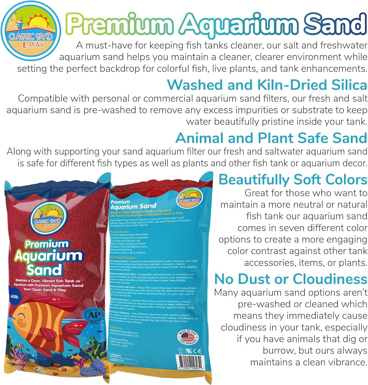 CLASSIC SAND & PLAY Natural Aquarium Sand for Freshwater and Saltwater Tanks, 40 lb. Bag, Improves Filter Life and Filtration Process, Pre-Washed Fine Sand, Red