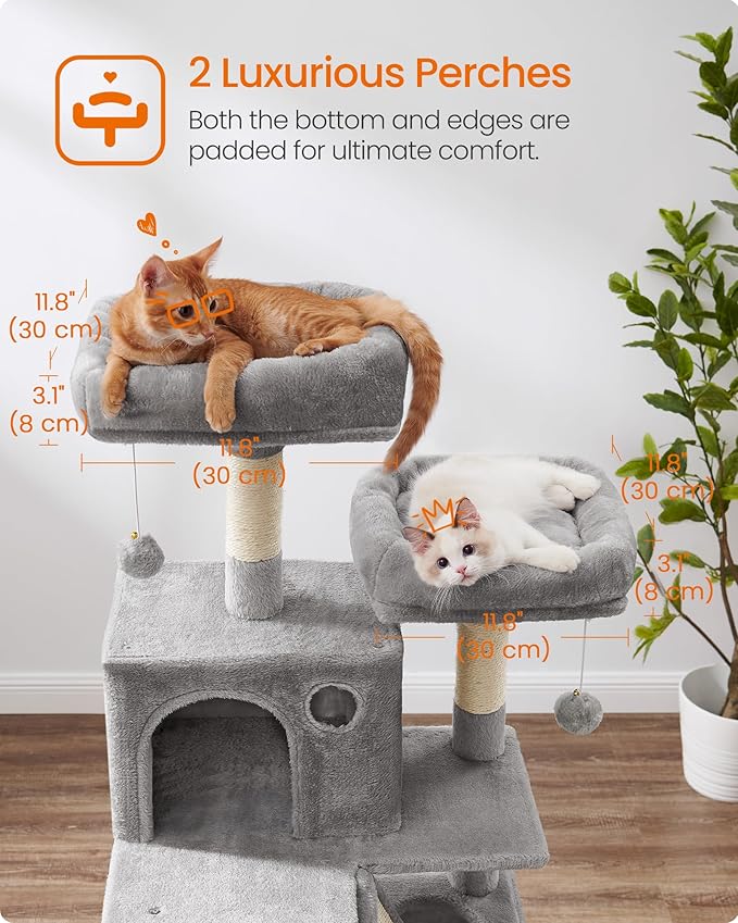 Feandrea Cat Tree, 66.1-Inch Large Cat Tower, 2 Perches, 2 Caves, Light Gray - Image 4